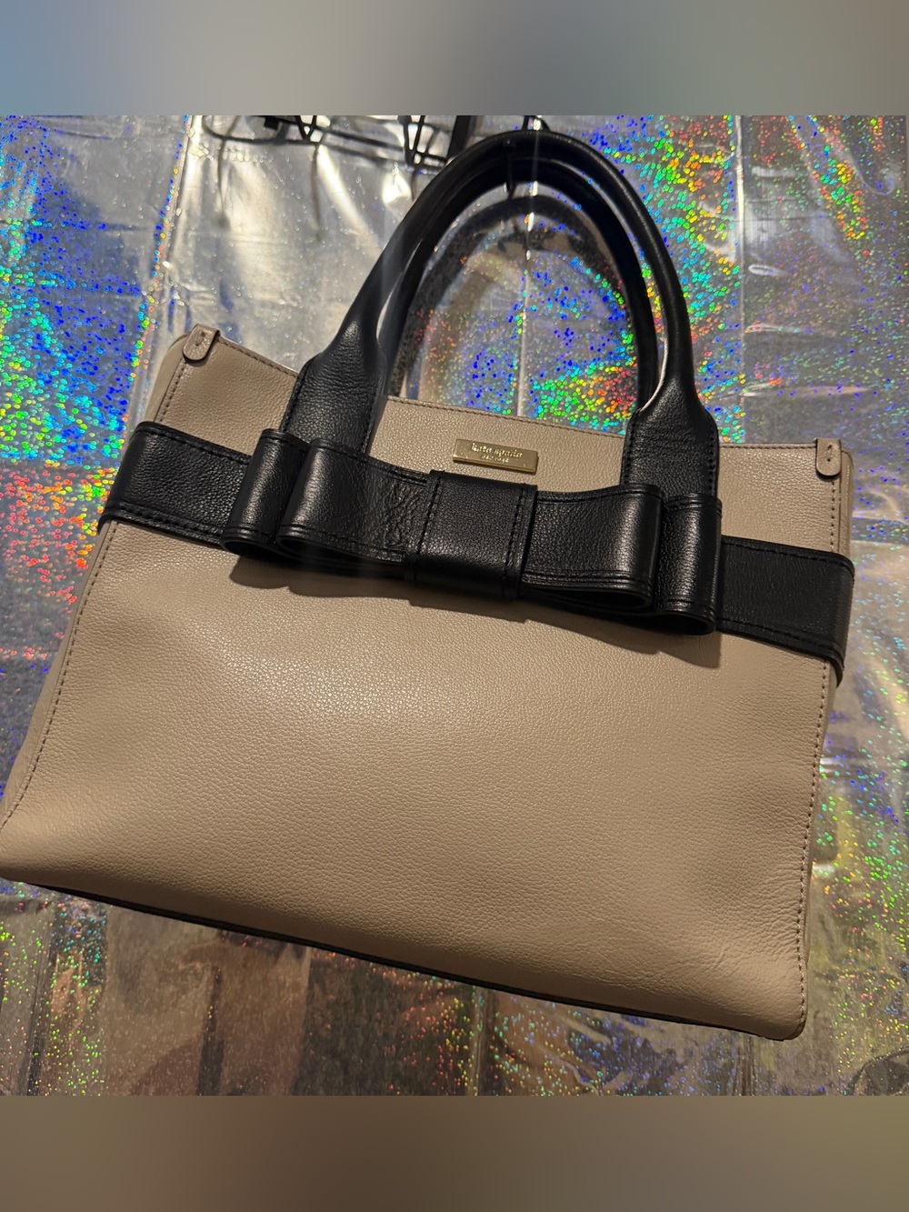 Kate Spade New York Beige & Black Bow Satchel Tote Handbag Large